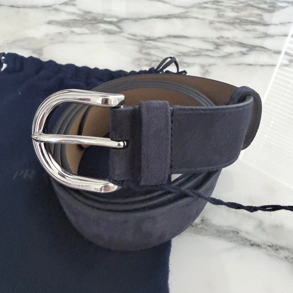 Prada 2CS129 Men's Blue Suede Leather Belt silver buckle, 95cm